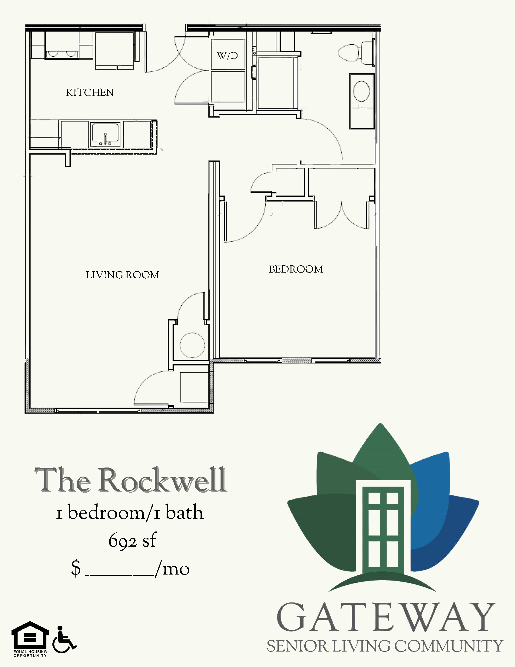Spacious 1br apartment, featuring washer/dryer and open floorplan.